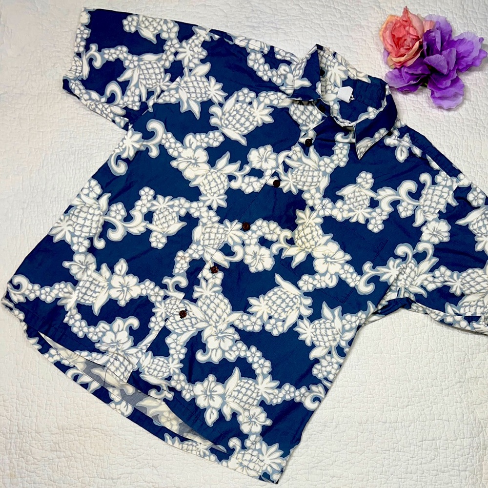 Napili Hawaii Men's Blue White Floral Pineapple Hawaiian Shirt Made in Hawaii; L